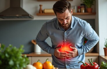 Man experiences stomach ache in kitchen after eating vegetables. Holds stomach with pained expression. Fresh vegetables on table. Home setting. Health issue. Food intolerance. Medical problem.
