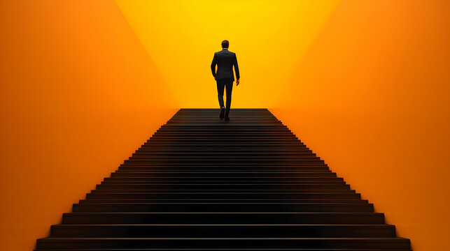Ambitious Man Ascends Steps to Success, Achieving Goals with Determination and Grit