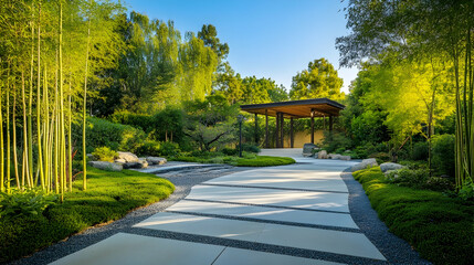 Obraz premium Kyoto Japanese garden with bamboo grove and stone pathways, historic cultural sanctuary