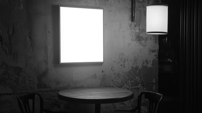 Minimalistic black and white scene of a cozy cafe corner with an empty round table, chairs, textured wall, and glowing modern light fixtures