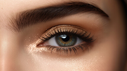Fototapeta premium Detailed close-up of an eye with shimmering gold eyeshadow and perfectly shaped eyebrows, showcasing beauty and makeup artistry.