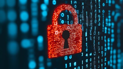 Digital padlock symbolizing security in a binary code environment.