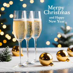 Happy New Year! Champagne toast with glittering goblets on a blue bokeh background. "Merry Christmas & Happy New Year text with snowy, golden-lit winter scene for banners, ads. Generated With AI Image