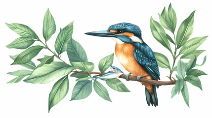 Kingfisher is sitting on a branch and waiting for his fish on background of summer foliage. kingfisher halcyon from a branch realistic illustration isolate. Halcyon. Illustration