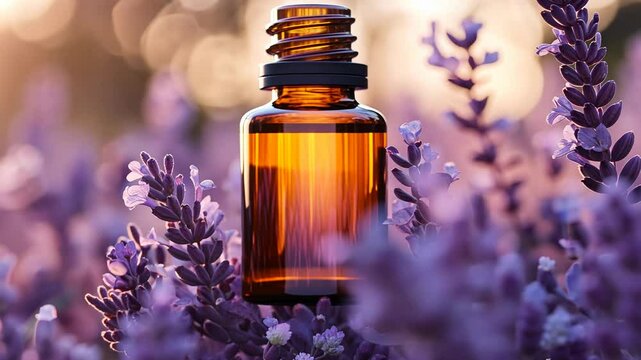 Amber essential oil bottle amidst lavender flowers with soft sunlight, aromatherapy and relaxation concept
