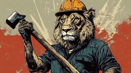 Obraz premium Lion Construction Worker Holding a Sledgehammer