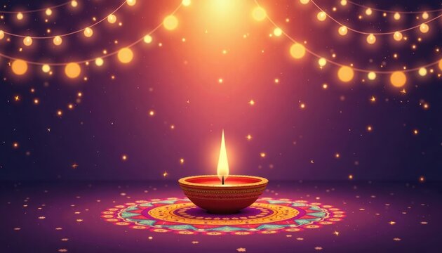 Diwali celebration scene with glowing lamp on mandala design. Warm golden lights, decorative lamp create festive atmosphere. Festive ambiance. Traditional Indian lamp. Circular patterned design.