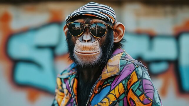 Hipster monkey in trendy 80s retro outfit. Monkey wears cool sunglasses, cap. Colorful, quirky style. Funny animal in fashionable clothing. Humorous illustration for greeting card wallpaper. Creative