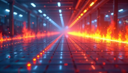 Fototapeta premium Factory floor activity heatmap. High activity zones highlighted with warm colors. Cool tones for less active areas. Industrial tech futuristic design. Burning lines represent high temperature high