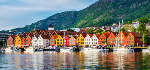 Amazing view of historical buildings in Bryggen, Hanseatic wharf in Bergen, Norway. UNESCO World...