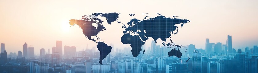 A stunning skyline with a world map overlay illustrating global connectivity.