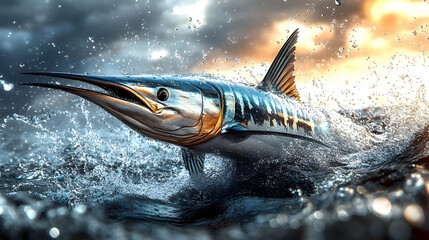 Obraz premium Ocean's Majestic Marlin Leaps, Splendid Sunset
