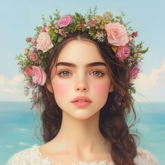Young woman with floral crown by the sea.