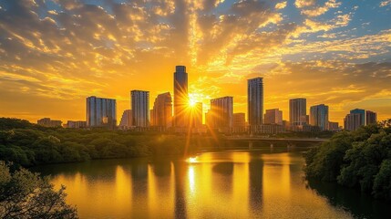 Fototapeta premium Golden Sunrise Over City Skyline with Warm Light