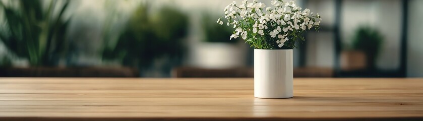 A minimalistic white vase with delicate flowers on a wooden table in a serene setting.