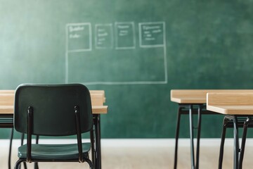 Empty classroom with desks and a blackboard, ready for new learning experiences.