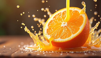 Orange slice with dynamic juice splashes. Vibrant orange juice flowing from citrus fruit. Fresh fruit juice. Healthy eating concept. Food photography. Close-up shot. Healthy drinks. Natural food.
