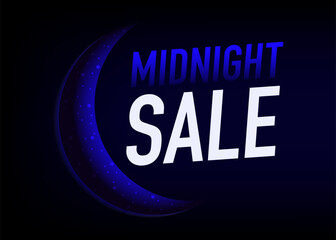Banner Midnight sale. Digital marketing announcement. Glowing Midnight Sale sign card poster on dark. Shopping day sale. Limited time offer. Sale and promotion design. Vector illustration