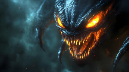 Fierce Monster's Glowing Eyes, Jagged Teeth, Dark Fantasy Art
