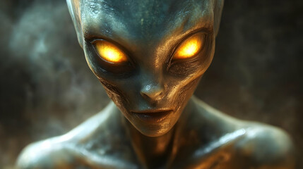 Alien Encounter: Glowing Eyes, Gray Skin, Close-Up View