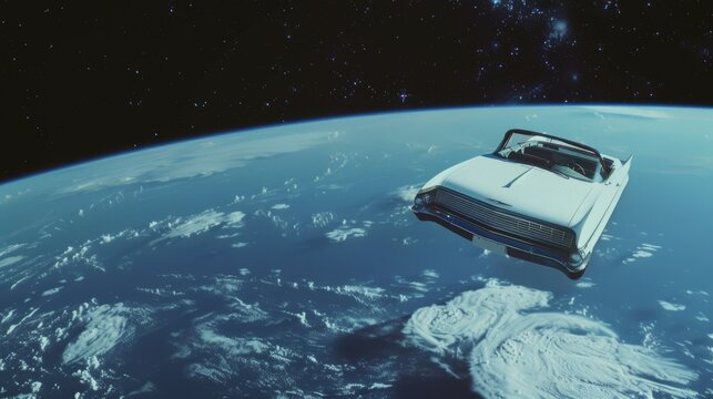 a white classic car in space, floating above the earth