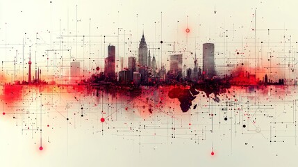 Complex digital artwork shows conspiracy map interconnected lines influential figures and symbols overlaying world skyline creating intrigue and depth.