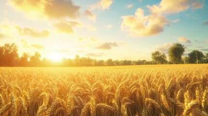 Golden Wheat Field Under Bright Blue Sky