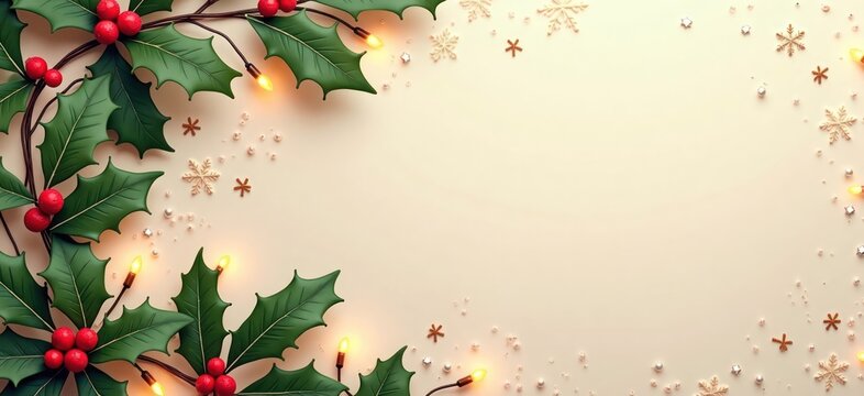 Festive Christmas design with holly leaves, berries. Stylish lights, decorative elements create warm holiday atmosphere. Use design for email signature. Perfect for Christmas communication. Elegant