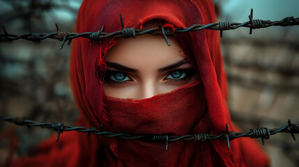 Woman's Eyes Gaze Through Barbed Wire, Red Veil