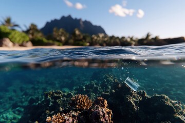 Obraz premium A captivating scene showing a plastic bottle suspended in underwater coral, highlighting the detrimental effects of human behavior on delicate marine ecosystems.