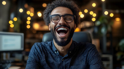 Man Laughs Joyfully, Feeling Happy and Free, Achieving Success at Work,  Evening Atmosphere.