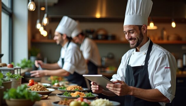 Happy chef uses tablet in busy kitchen. Food prep staff works around him. Dishes are ready for service. Modern kitchen environment. Possible restaurant or catering setting.