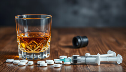 Glass with alcohol drink, whisky or brandy and drugs, white pills, syringe with a dose on a wooden table. Concept of addiction and bad habits isolated with white highlights, png