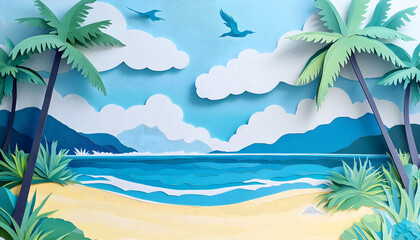Obraz premium Tropical beach bay landscape with mountains in the distance in a paper cut style