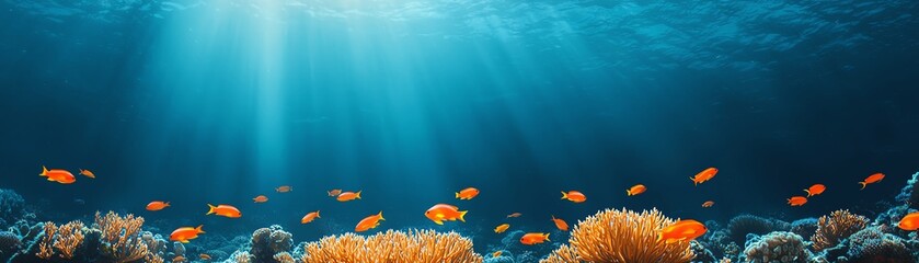 Fototapeta premium Colorful coral reef underwater scene with vibrant fish swimming in clear blue water.
