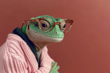 Fototapeta premium Lizard wearing glasses and a sweater poses for a cozy portrait