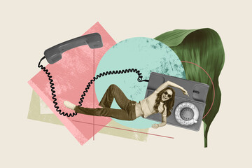 Composite art 3d creative image collage of happy girl lay point retro telephone receiver call center helpline telecommunication