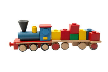 Vintage toy train model made of blocks in many shapes isolated on white background with a clipping path cutout concept for childhood development, minimalist nostalgic toys and educational play time