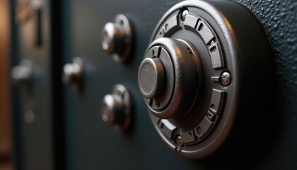 Close-up view of safe door featuring combination lock. Metal components, dial visible. Security concept, vault, safety, protection implied. Image suitable for security, tech, business themes. Photo