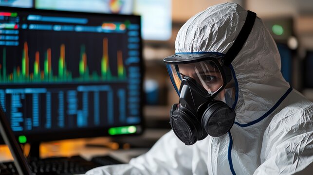A scientist in protective gear analyzing data on a computer screen in a lab environment.