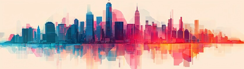 Obraz premium Vibrant city skyline with artistic reflections in colorful hues at sunset or dawn.