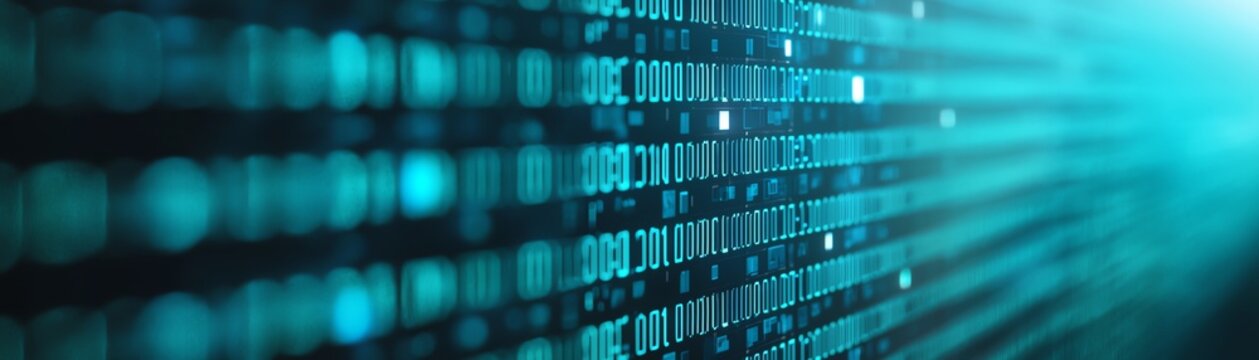 Abstract digital background with binary code in vibrant blue tones.