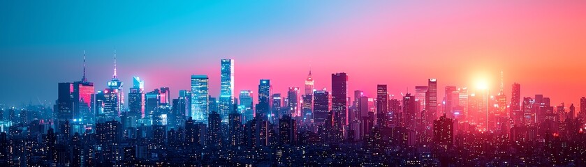 Fototapeta premium A stunning city skyline at sunset, showcasing vibrant colors and towering skyscrapers.