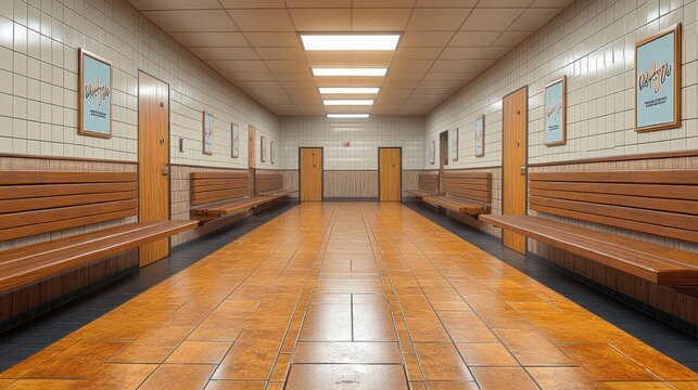 Long empty corridor with wooden benches and tiled floor. - Powered by Adobe