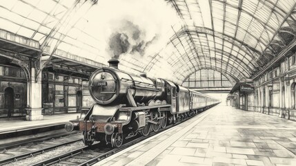 Naklejka premium Steam train arriving at grand station.