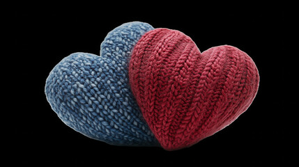 Knitted blue and pink hearts isolated on black background, symbolizing love and affection. Perfect for romantic themes and crafts