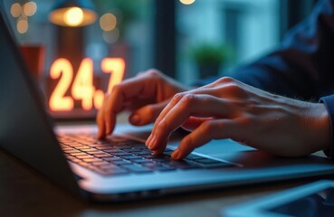 Person types on laptop keyboard. Tech support staff works 247. Customer care online help desk. Person provides technical info. Call center operates around clock. Nighttime support in effect. Laptop