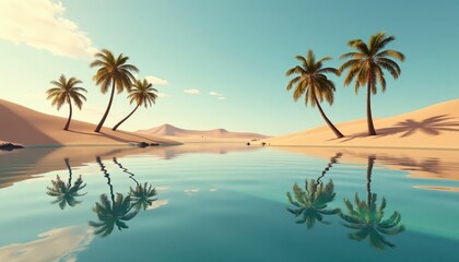 Serene oasis in desert. Calm water reflects palm trees on sandy shore. Mirage effect. Peaceful scene. Holiday destination. Tranquil tropical landscape.