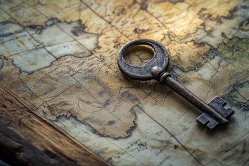 Antique key on vintage world map.
