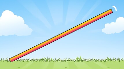 Diagonal gradient bar leaning on grass under sunny sky.